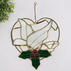 Huntington Holiday Stained Glass Sunchatcher White Dove and Holly Heart Shape